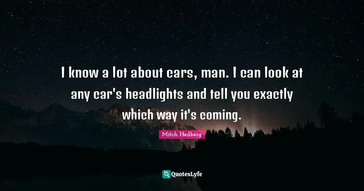 I know a lot about cars, man. I can look at any car's headlights and tell you exactly which way it's coming.
