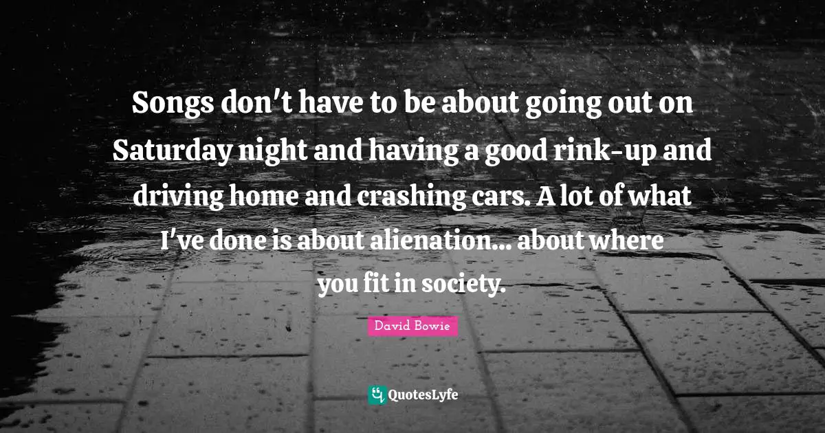 Songs don't have to be about going out on Saturday night and having a good rink-up and driving home and crashing cars. A lot of what I've done is about alienation... about where you fit in society.