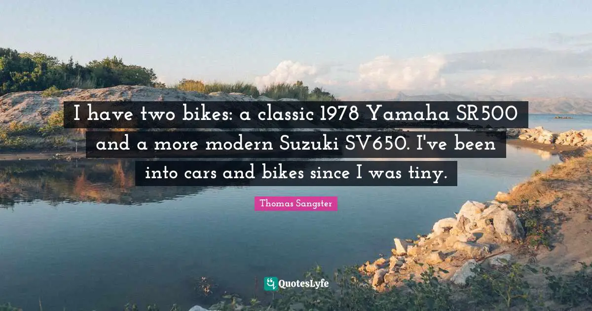 I have two bikes: a classic 1978 Yamaha SR500 and a more modern Suzuki SV650. I've been into cars and bikes since I was tiny.