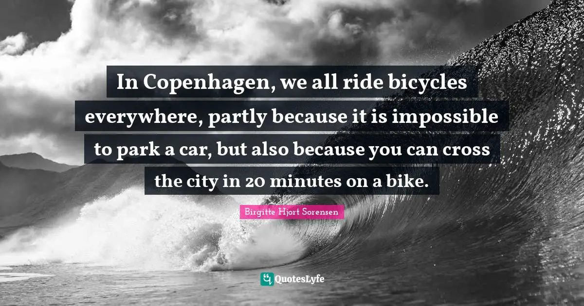 In Copenhagen, we all ride bicycles everywhere, partly because it is impossible to park a car, but also because you can cross the city in 20 minutes on a bike.