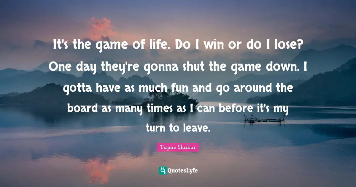 It's the game of life. Do I win or do I lose? One day they're gonna shut the game down. I gotta have as much fun and go around the board as many times as I can before it's my turn to leave.