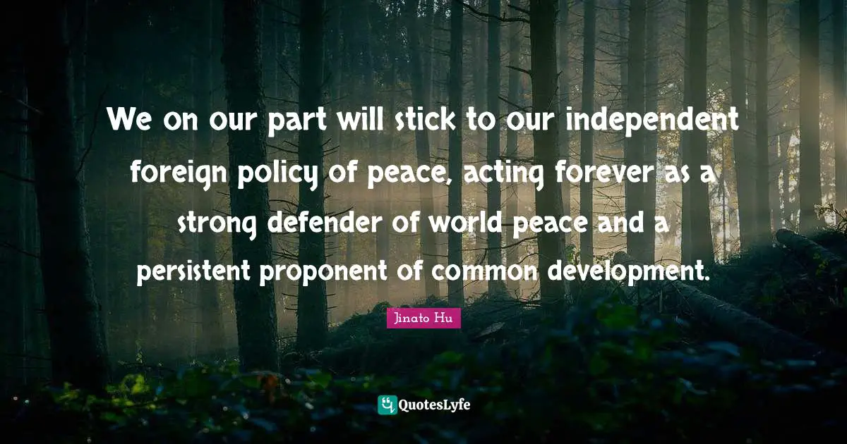 We on our part will stick to our independent foreign policy of peace, acting forever as a strong defender of world peace and a persistent proponent of common development.