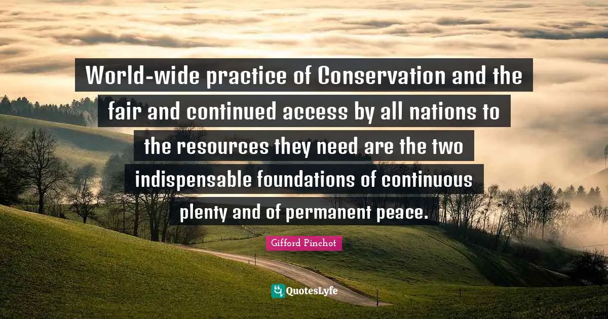 Gifford Pinchot Quotes: "World-wide practice of Conservation and the fair and continued access by all nations to the resources they need are the two indispensable foundations of continuous plenty and of permanent peace."