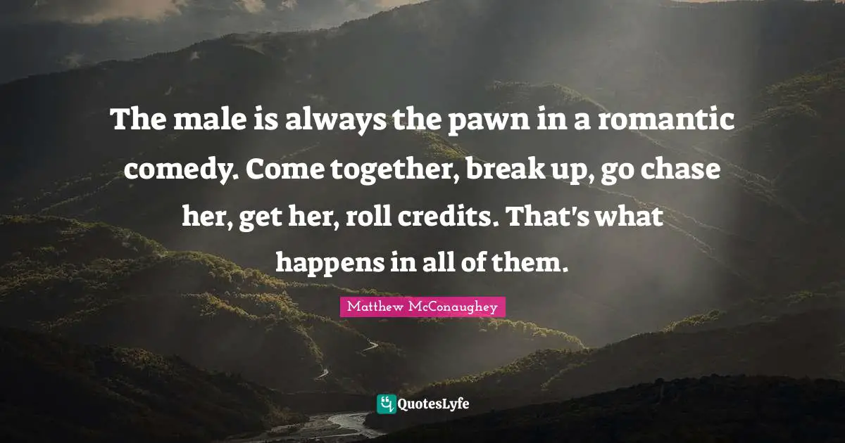 The male is always the pawn in a romantic comedy. Come together, break up, go chase her, get her, roll credits. That's what happens in all of them.