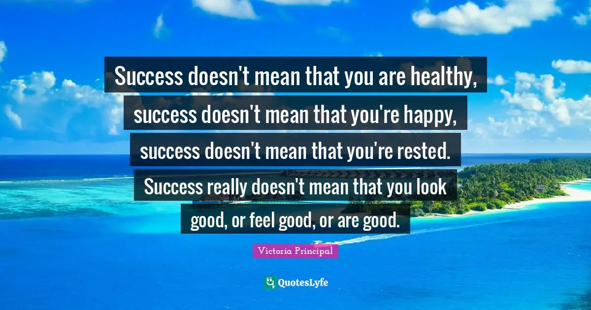 Success doesn't mean that you are healthy, success doesn't mean that you're happy, success doesn't mean that you're rested. Success really doesn't mean that you look good, or feel good, or are good.