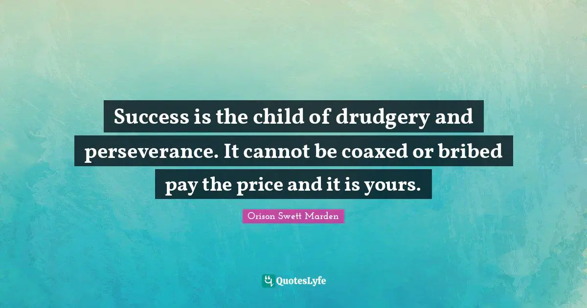Success is the child of drudgery and perseverance. It cannot be coaxed or bribed pay the price and it is yours.