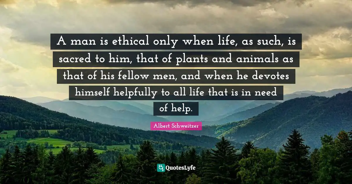 Albert Schweitzer Quotes: "A man is ethical only when life, as such, is sacred to him, that of plants and animals as that of his fellow men, and when he devotes himself helpfully to all life that is in need of help."