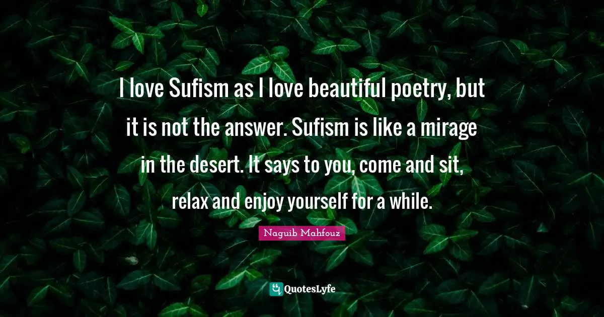 I love Sufism as I love beautiful poetry, but it is not the answer. Sufism is like a mirage in the desert. It says to you, come and sit, relax and enjoy yourself for a while.