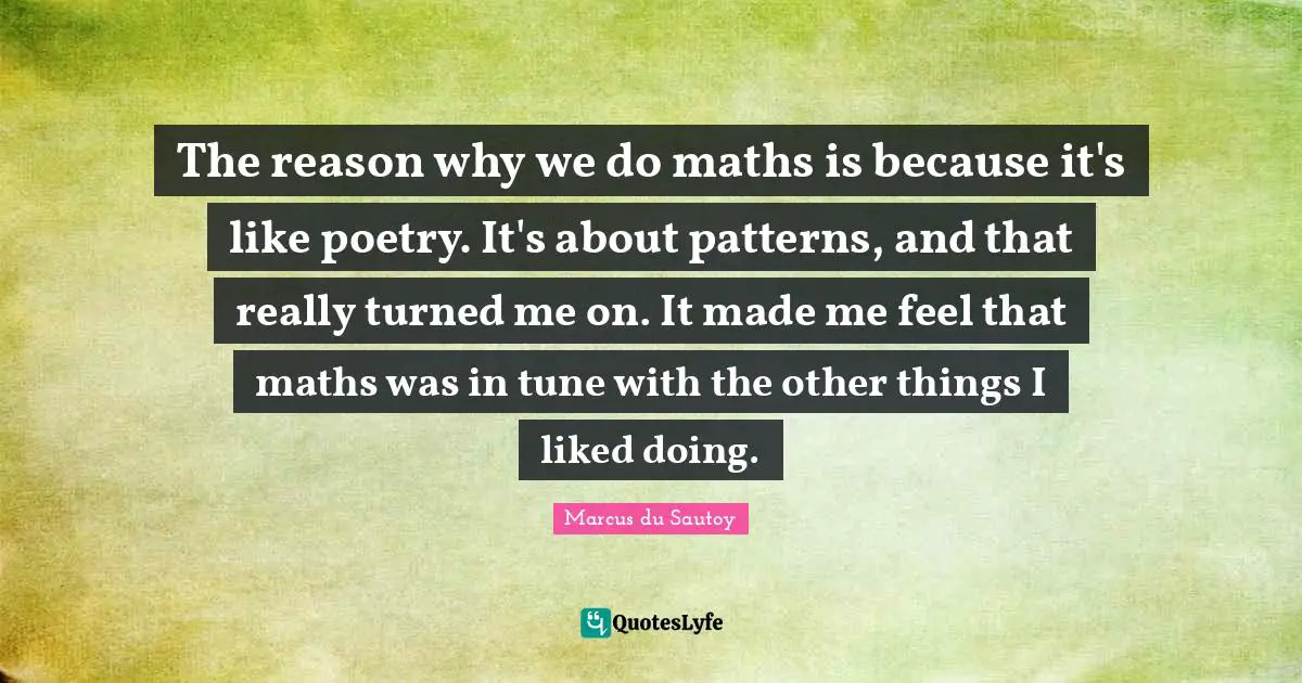 The reason why we do maths is because it's like poetry. It's about patterns, and that really turned me on. It made me feel that maths was in tune with the other things I liked doing.