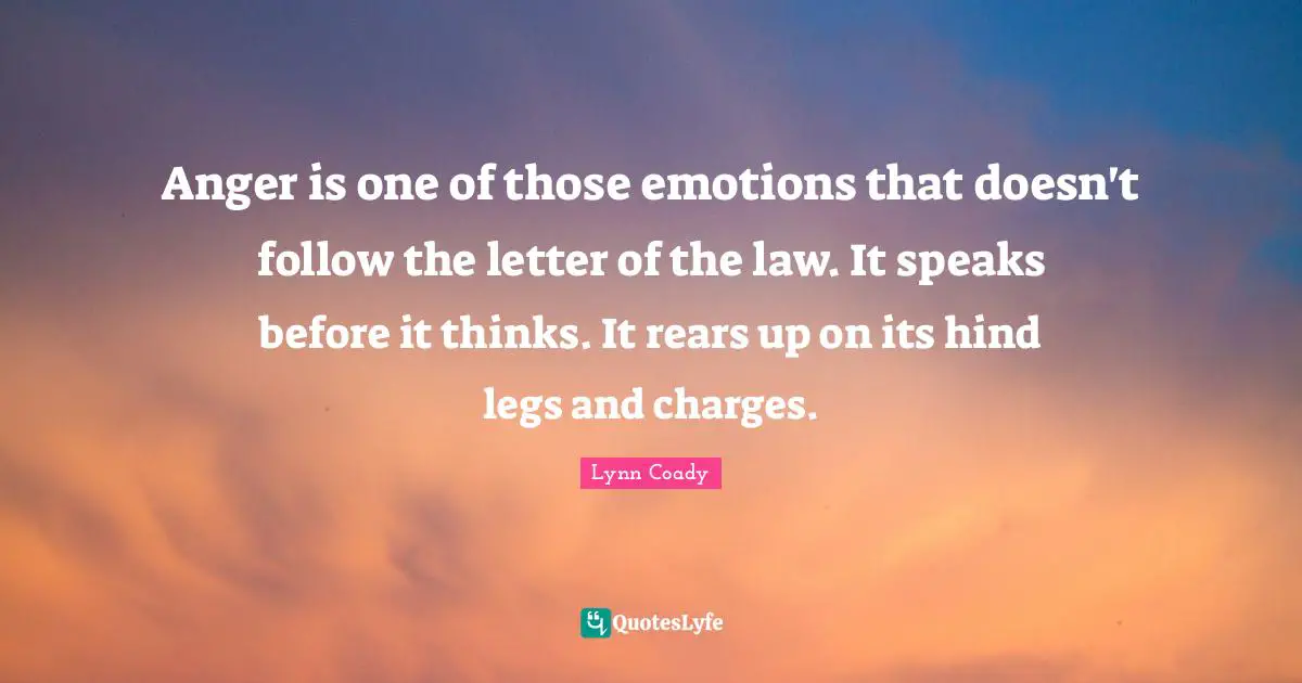 Anger is one of those emotions that doesn't follow the letter of the law. It speaks before it thinks. It rears up on its hind legs and charges.