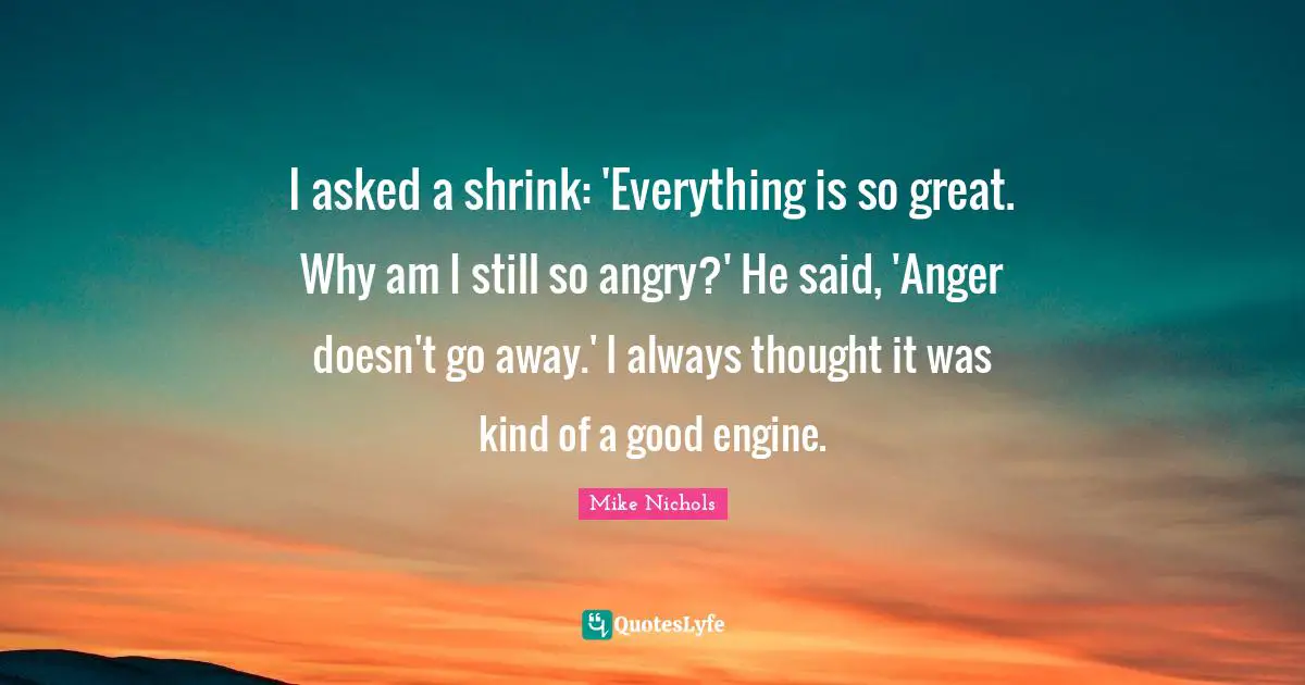 I asked a shrink: 'Everything is so great. Why am I still so angry?' He said, 'Anger doesn't go away.' I always thought it was kind of a good engine.