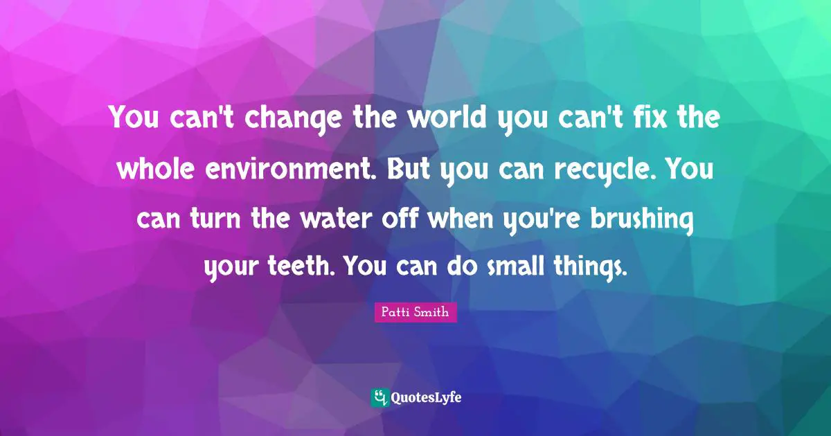 How To Change The World Quotes: "You can't change the world you can't fix the whole environment. But you can recycle. You can turn the water off when you're brushing your teeth. You can do small things."