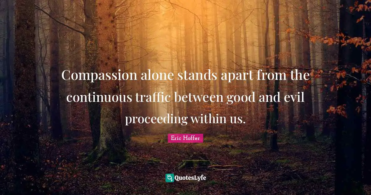 Eric Hoffer Quotes: "Compassion alone stands apart from the continuous traffic between good and evil proceeding within us."