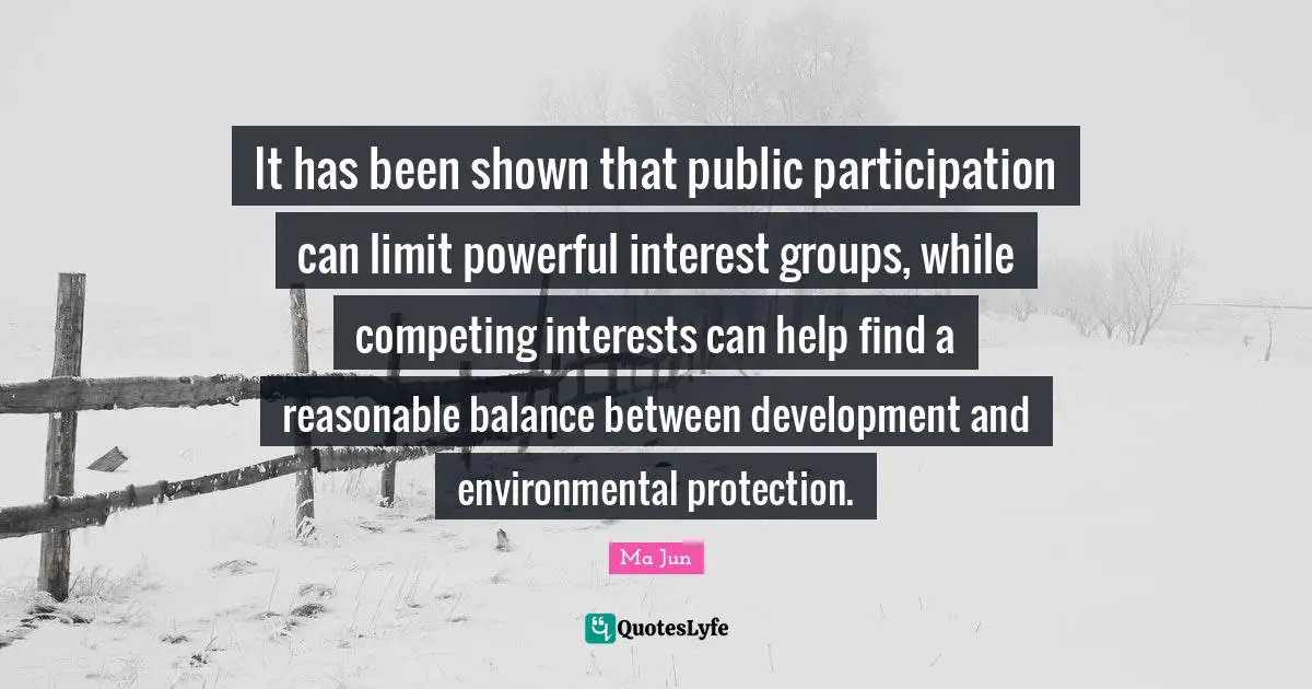 It has been shown that public participation can limit powerful interest groups, while competing interests can help find a reasonable balance between development and environmental protection.