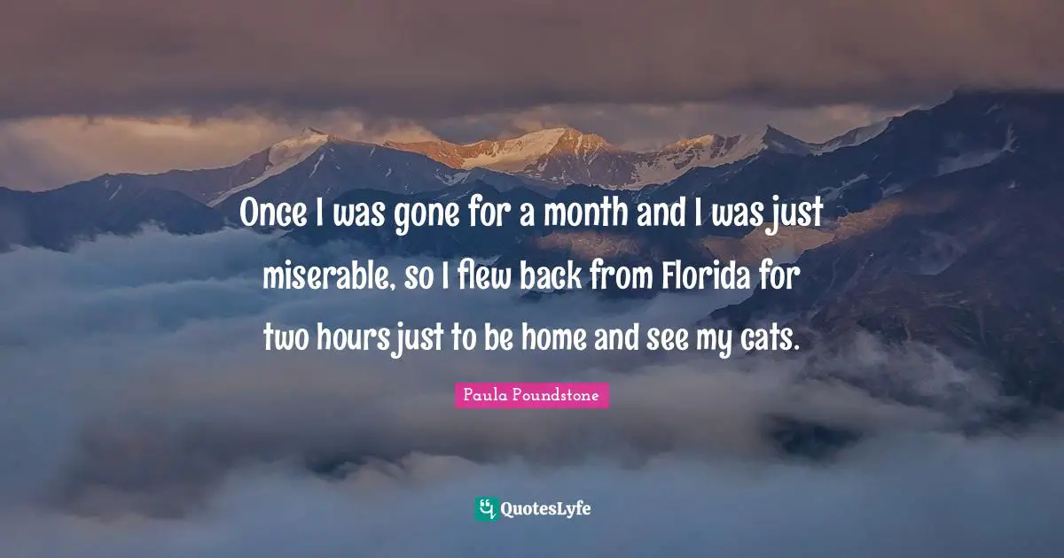 Once I was gone for a month and I was just miserable, so I flew back from Florida for two hours just to be home and see my cats.