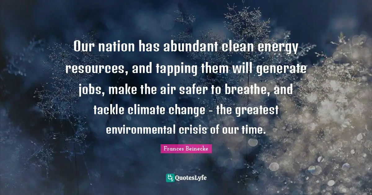 Our nation has abundant clean energy resources, and tapping them will generate jobs, make the air safer to breathe, and tackle climate change - the greatest environmental crisis of our time.