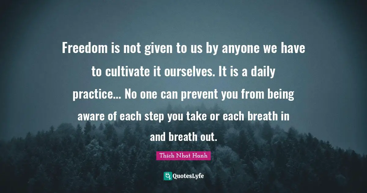 Freedom is not given to us by anyone we have to cultivate it ourselves. It is a daily practice... No one can prevent you from being aware of each step you take or each breath in and breath out.