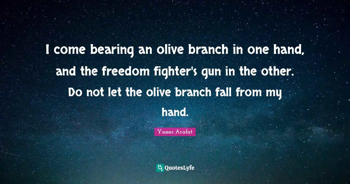 I come bearing an olive branch in one hand, and the freedom fighter's gun in the other. Do not let the olive branch fall from my hand.