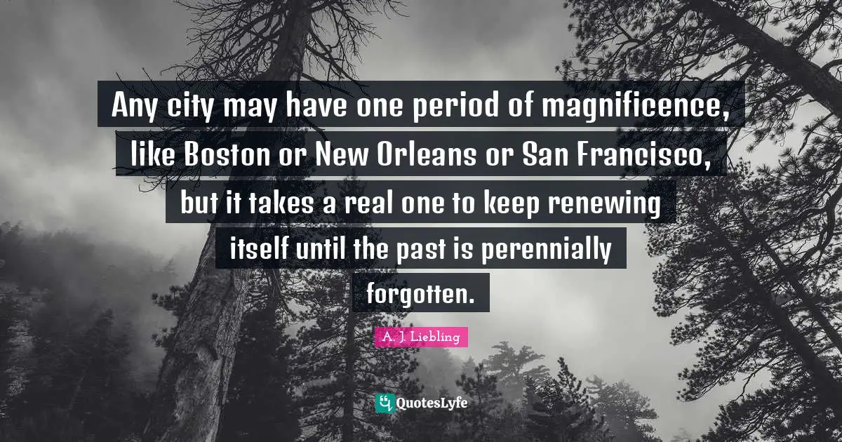 Boston Quotes: "Any city may have one period of magnificence, like Boston or New Orleans or San Francisco, but it takes a real one to keep renewing itself until the past is perennially forgotten."