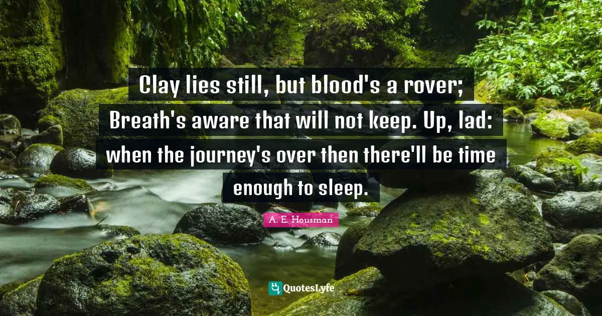 Clay lies still, but blood's a rover; Breath's aware that will not keep. Up, lad: when the journey's over then there'll be time enough to sleep.