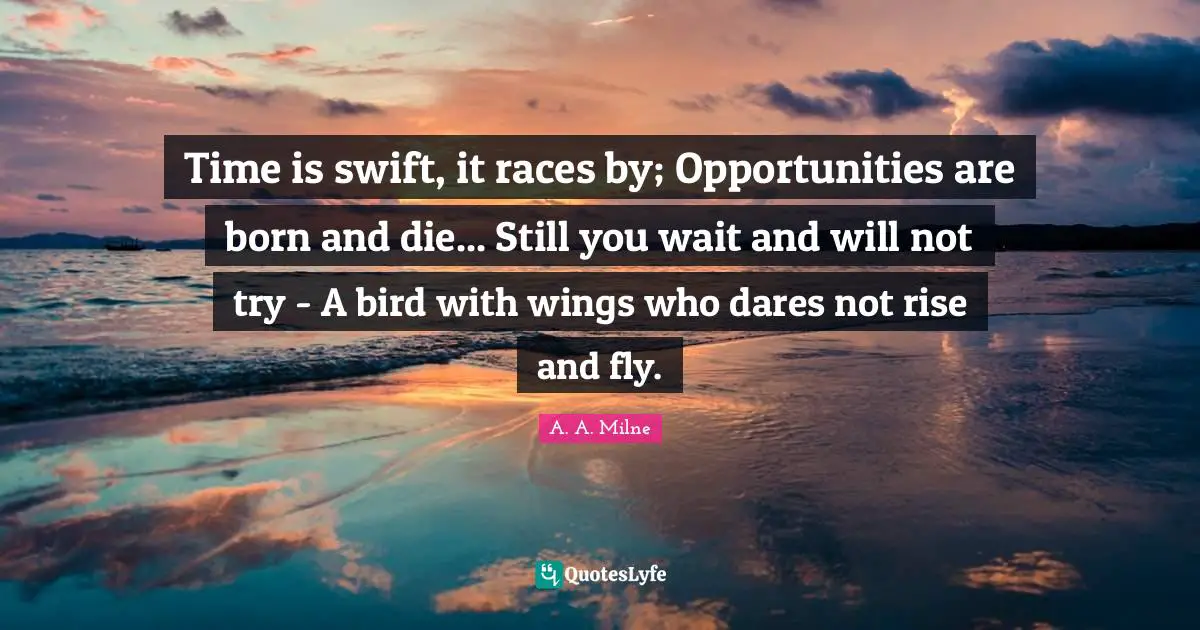 Time is swift, it races by; Opportunities are born and die... Still you wait and will not try - A bird with wings who dares not rise and fly.