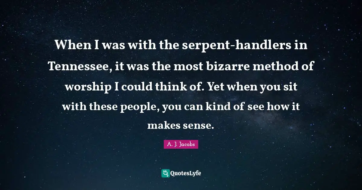 When I was with the serpent-handlers in Tennessee, it was the most bizarre method of worship I could think of. Yet when you sit with these people, you can kind of see how it makes sense.