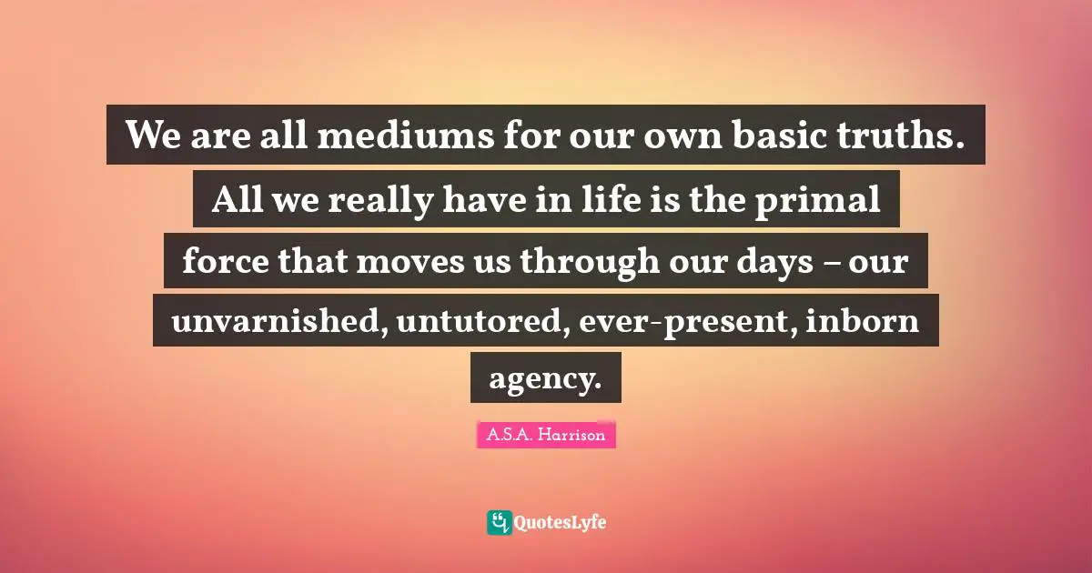 We are all mediums for our own basic truths. All we really have in life is the primal force that moves us through our days – our unvarnished, untutored, ever-present, inborn agency.