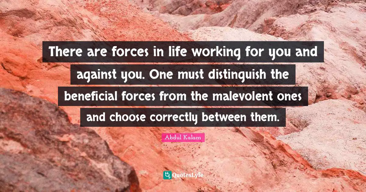 There are forces in life working for you and against you. One must distinguish the beneficial forces from the malevolent ones and choose correctly between them.