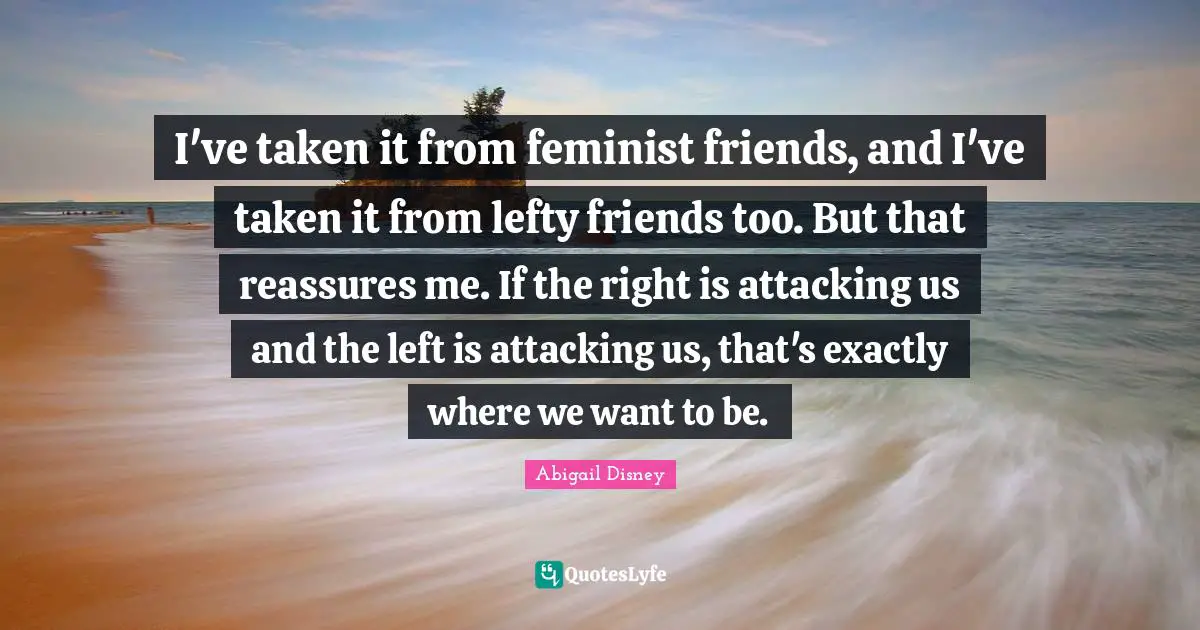 I've taken it from feminist friends, and I've taken it from lefty friends too. But that reassures me. If the right is attacking us and the left is attacking us, that's exactly where we want to be.