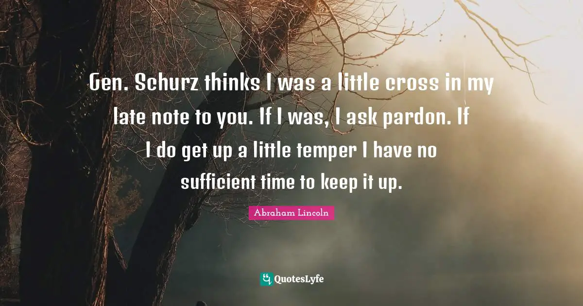 Gen. Schurz thinks I was a little cross in my late note to you. If I was, I ask pardon. If I do get up a little temper I have no sufficient time to keep it up.