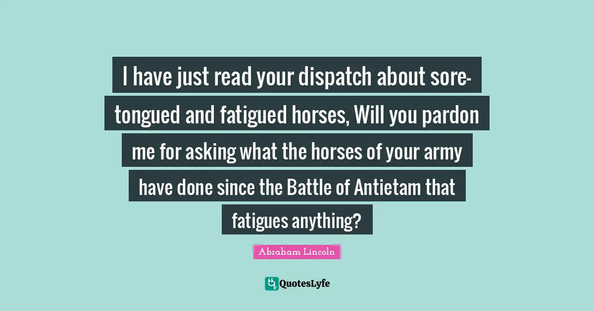 I have just read your dispatch about sore-tongued and fatigued horses, Will you pardon me for asking what the horses of your army have done since the Battle of Antietam that fatigues anything?