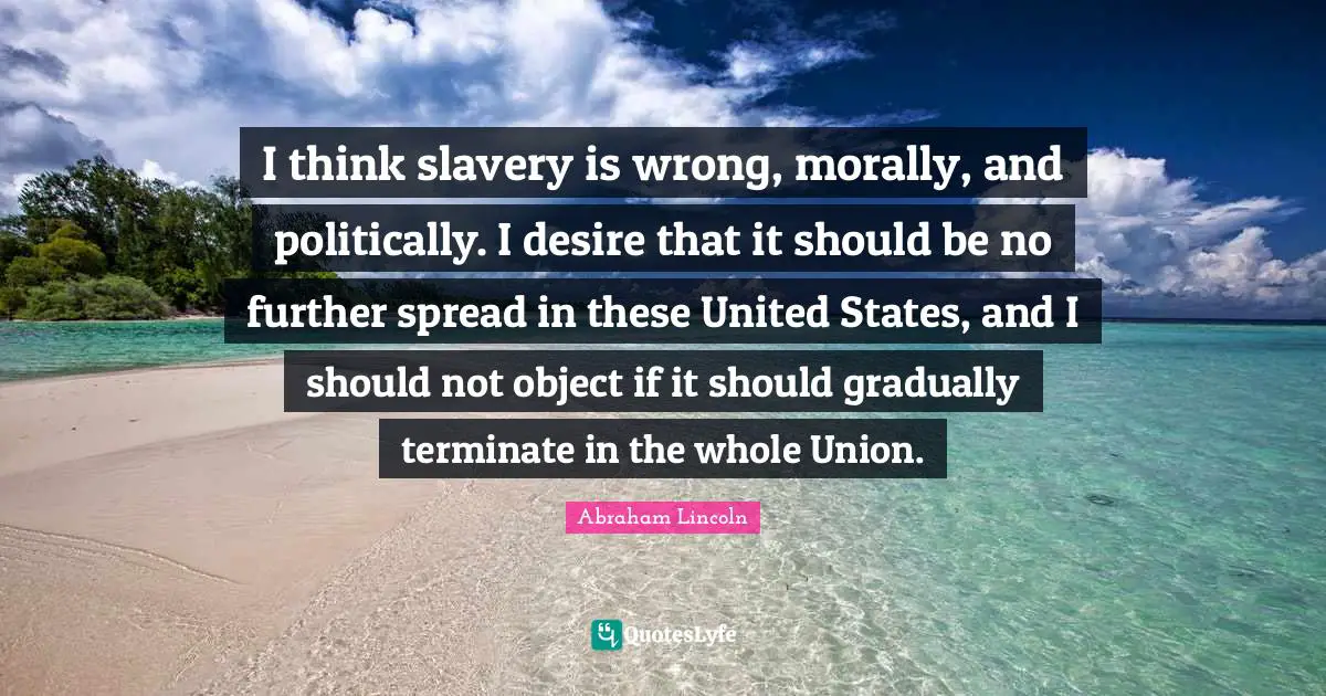 I think slavery is wrong, morally, and politically. I desire that it should be no further spread in these United States, and I should not object if it should gradually terminate in the whole Union.