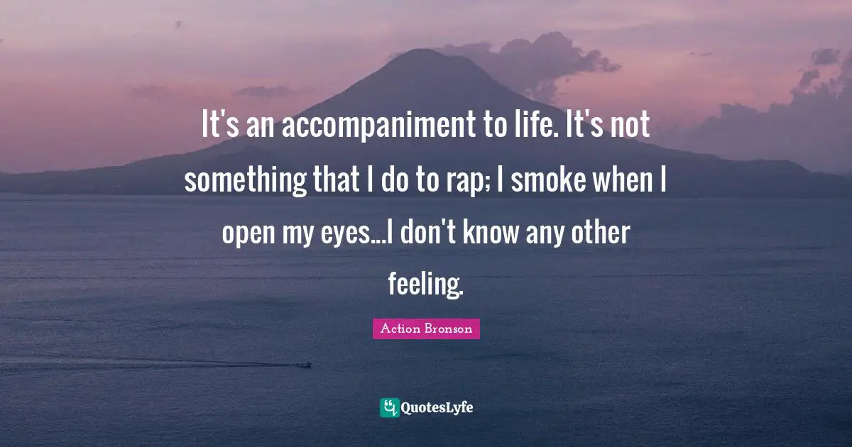 Action Bronson Quotes: "It's an accompaniment to life. It's not something that I do to rap; I smoke when I open my eyes...I don't know any other feeling."