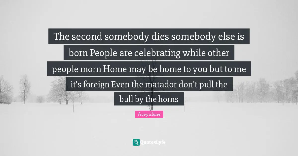 The second somebody dies somebody else is born People are celebrating while other people morn Home may be home to you but to me it's foreign Even the matador don't pull the bull by the horns