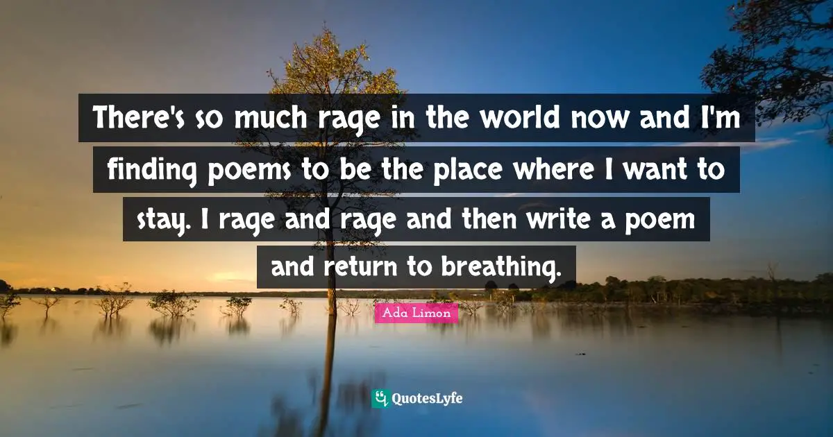 There's so much rage in the world now and I'm finding poems to be the place where I want to stay. I rage and rage and then write a poem and return to breathing.