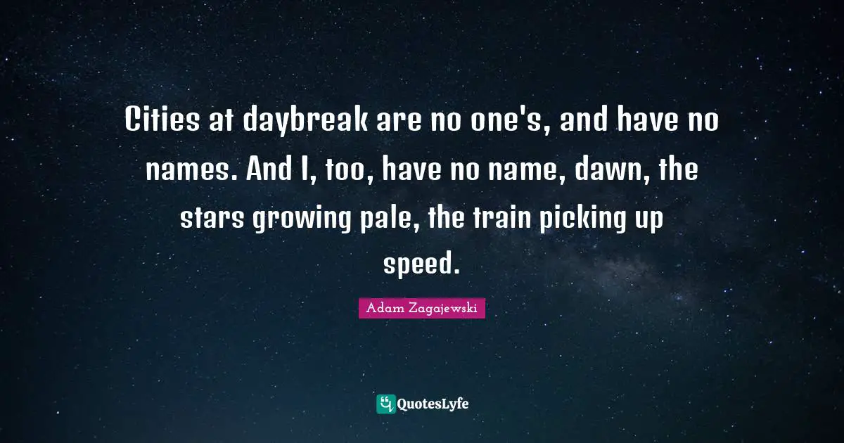 Cities at daybreak are no one's, and have no names. And I, too, have no name, dawn, the stars growing pale, the train picking up speed.