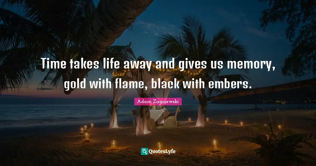 Time takes life away and gives us memory, gold with flame, black with embers.