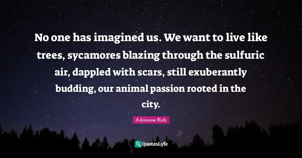 No one has imagined us. We want to live like trees, sycamores blazing through the sulfuric air, dappled with scars, still exuberantly budding, our animal passion rooted in the city.