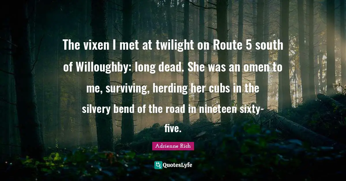 The vixen I met at twilight on Route 5 south of Willoughby: long dead. She was an omen to me, surviving, herding her cubs in the silvery bend of the road in nineteen sixty-five.
