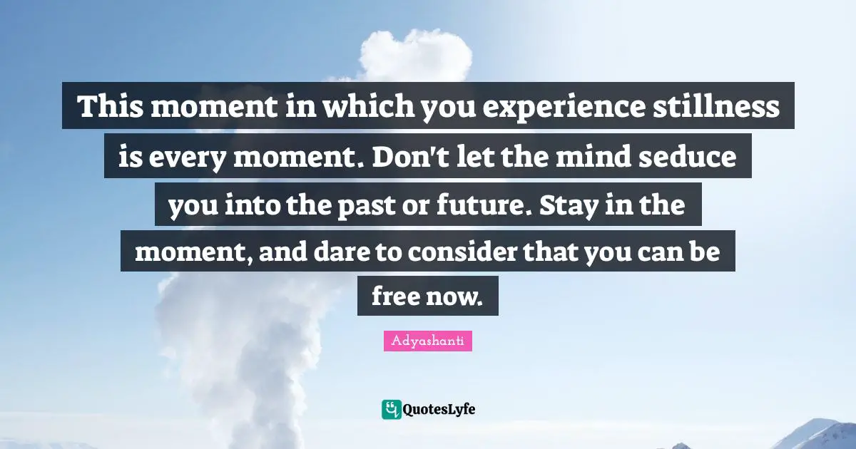 This moment in which you experience stillness is every moment. Don't let the mind seduce you into the past or future. Stay in the moment, and dare to consider that you can be free now.