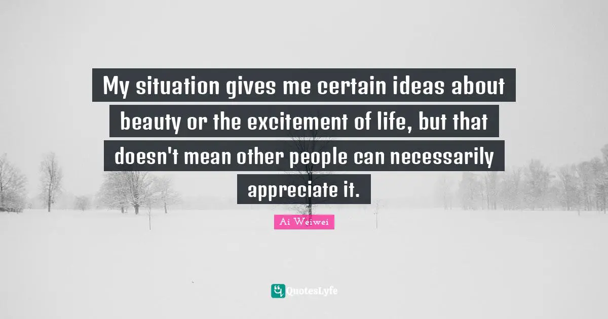 My situation gives me certain ideas about beauty or the excitement of life, but that doesn't mean other people can necessarily appreciate it.