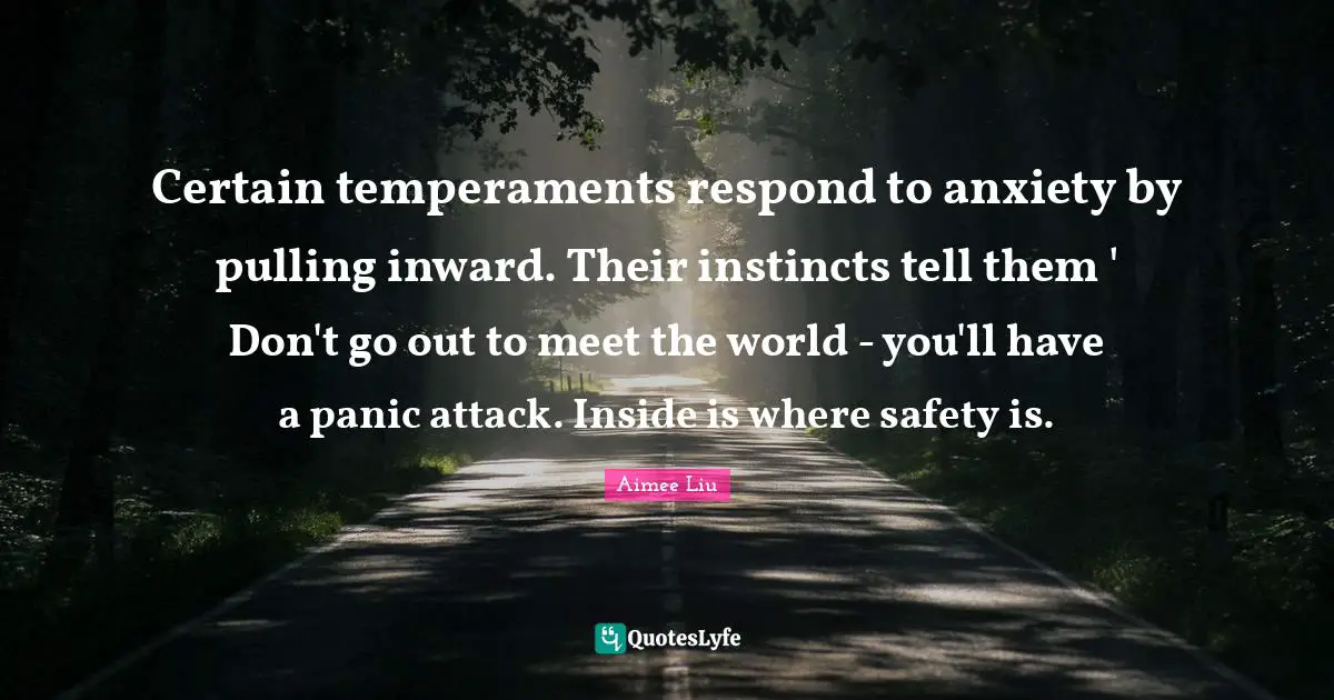Certain temperaments respond to anxiety by pulling inward. Their instincts tell them ' Don't go out to meet the world - you'll have a panic attack. Inside is where safety is.