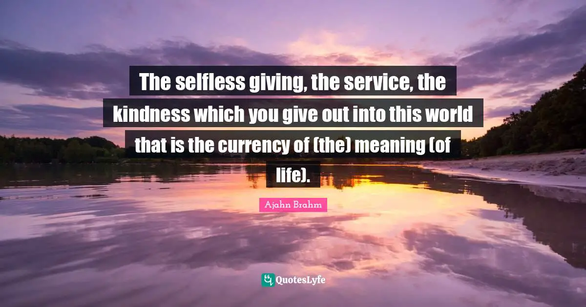 Meaning Quotes: "The selfless giving, the service, the kindness which you give out into this world that is the currency of (the) meaning (of life)."
