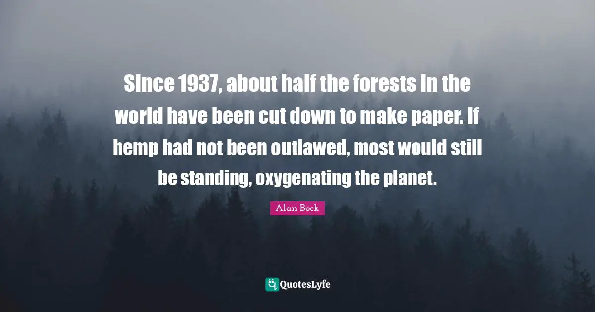 Since 1937, about half the forests in the world have been cut down to make paper. If hemp had not been outlawed, most would still be standing, oxygenating the planet.