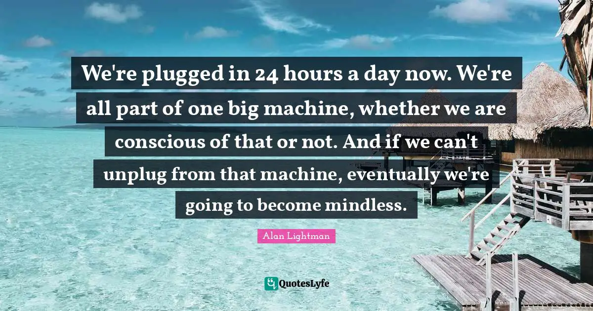 We're plugged in 24 hours a day now. We're all part of one big machine, whether we are conscious of that or not. And if we can't unplug from that machine, eventually we're going to become mindless.