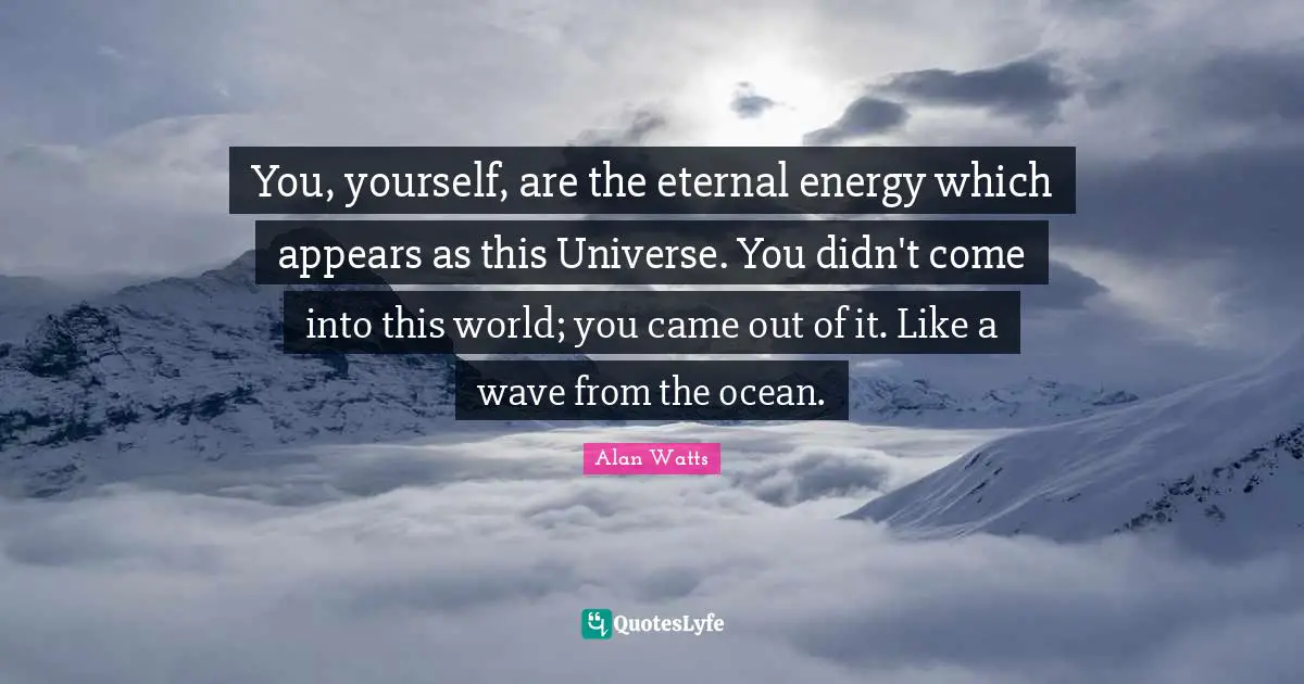 You, yourself, are the eternal energy which appears as this Universe. You didn't come into this world; you came out of it. Like a wave from the ocean.