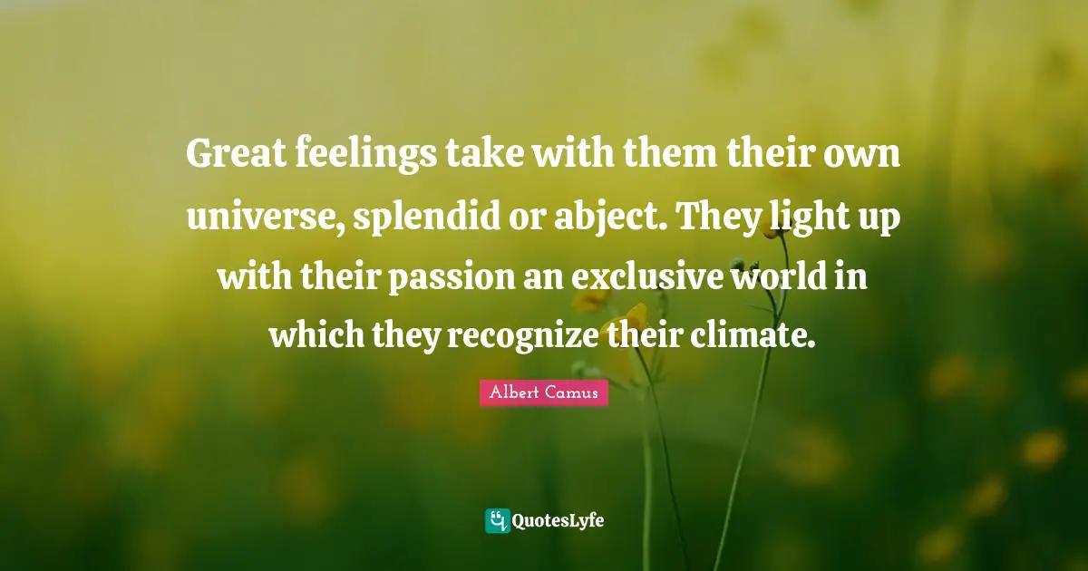 Great feelings take with them their own universe, splendid or abject. They light up with their passion an exclusive world in which they recognize their climate.