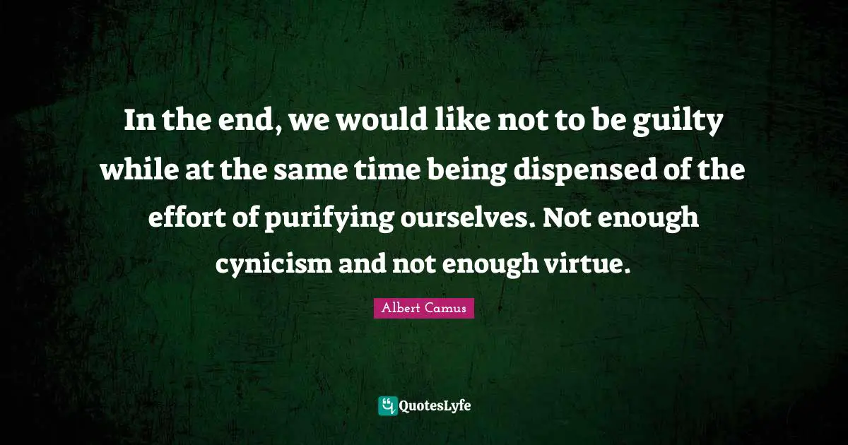 In the end, we would like not to be guilty while at the same time being dispensed of the effort of purifying ourselves. Not enough cynicism and not enough virtue.
