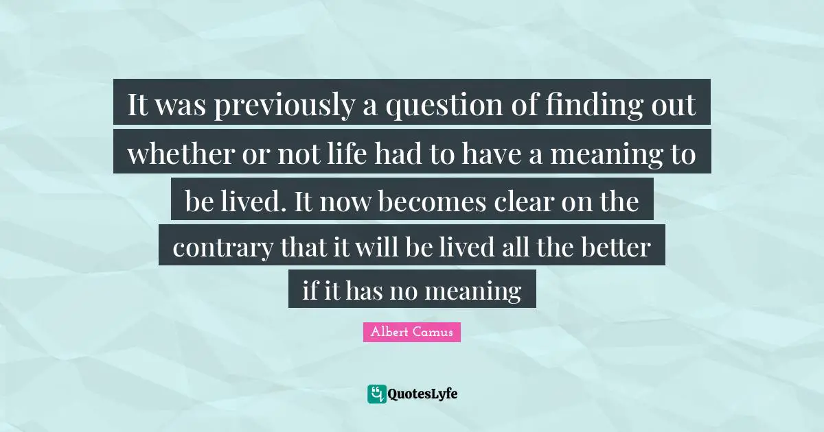 It was previously a question of finding out whether or not life had to have a meaning to be lived. It now becomes clear on the contrary that it will be lived all the better if it has no meaning