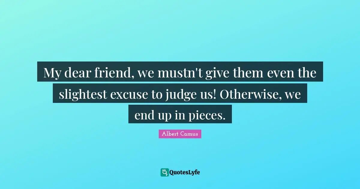 My dear friend, we mustn't give them even the slightest excuse to judge us! Otherwise, we end up in pieces.